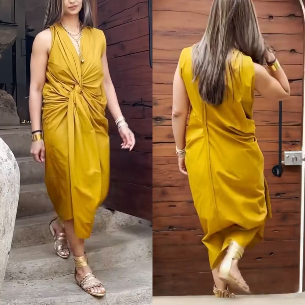 🆕️ Zara Knotted Pleated Asymmetric Poplin Midi Dress in Mustard